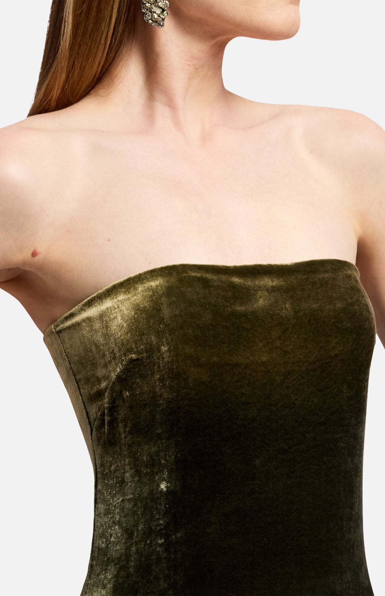 Ralph Lauren Collection Velvet Straight Strapless Gown in olive green, featuring a straight neckline and a full-length formal silhouette.