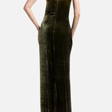 Back view of the Ralph Lauren Collection Velvet Straight Strapless Gown in olive green, featuring a floor-length silhouette, straight neckline, and a center back slit.