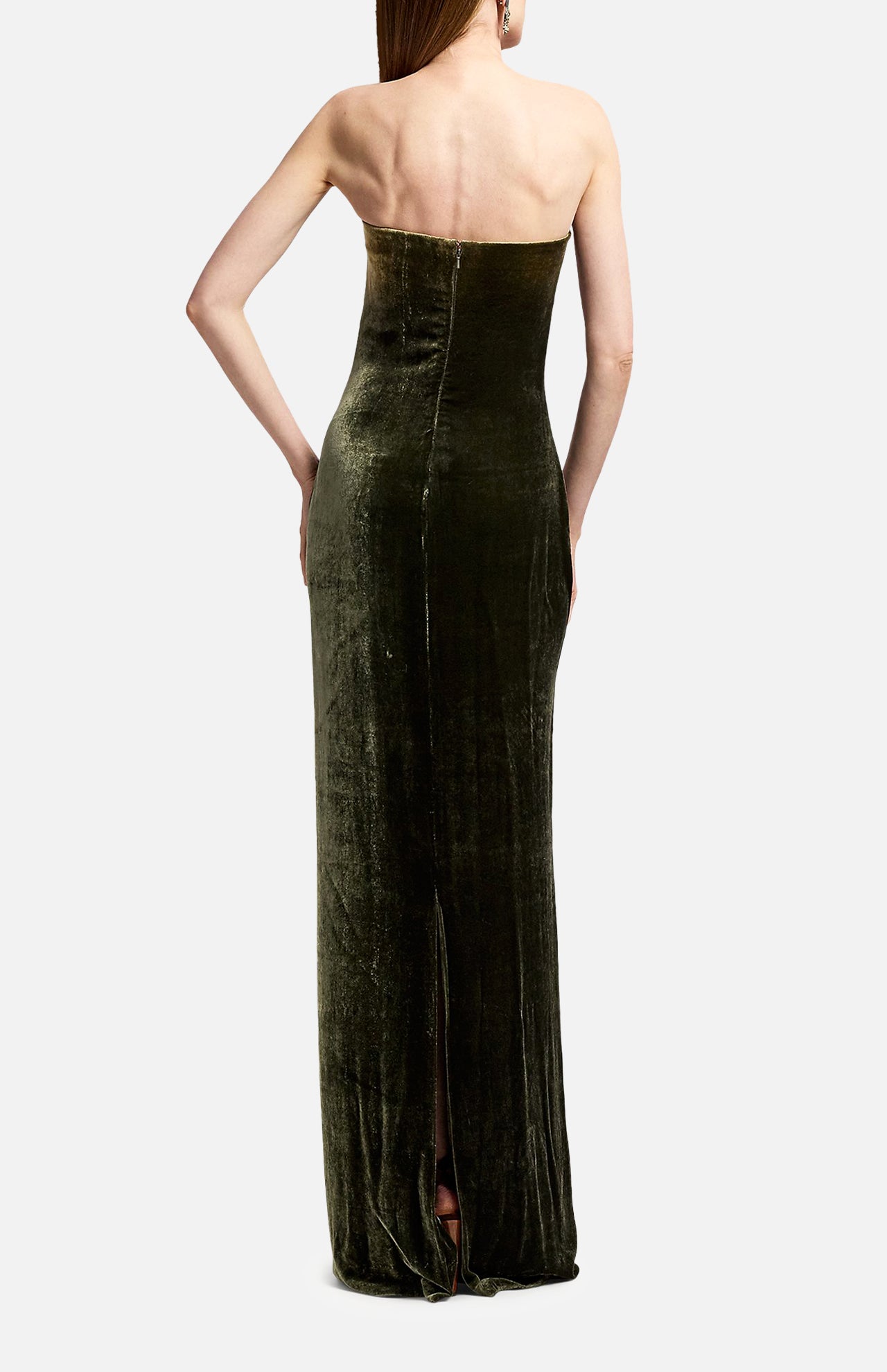 Back view of the Ralph Lauren Collection Velvet Straight Strapless Gown in olive green, featuring a floor-length silhouette, straight neckline, and a center back slit.