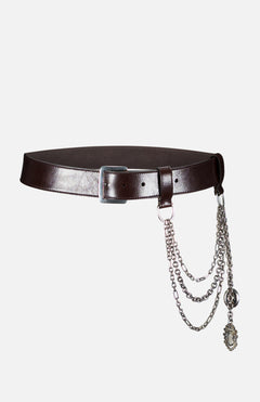 The Washed Calfskin Belt by RALPH LAUREN COLLECTION is a dark brown full-grain leather belt with a silver buckle, detailed with three silver chains and two pendants on one side.