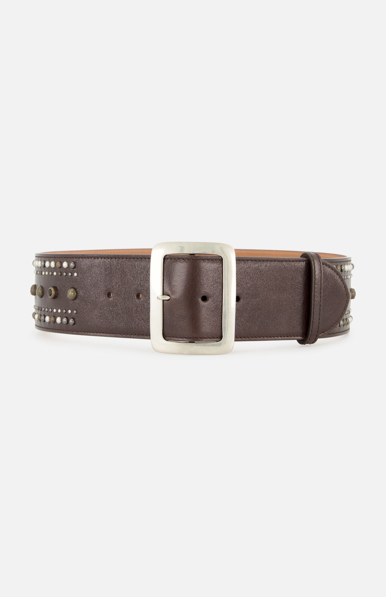 The Washed Calfskin Belt from RALPH LAUREN COLLECTION is expertly crafted from full-grain calfskin leather in a rich, dark brown shade. Featuring a large silver rectangular buckle and decorative metallic studs along the edges, this statement belt brings bold style to any outfit.