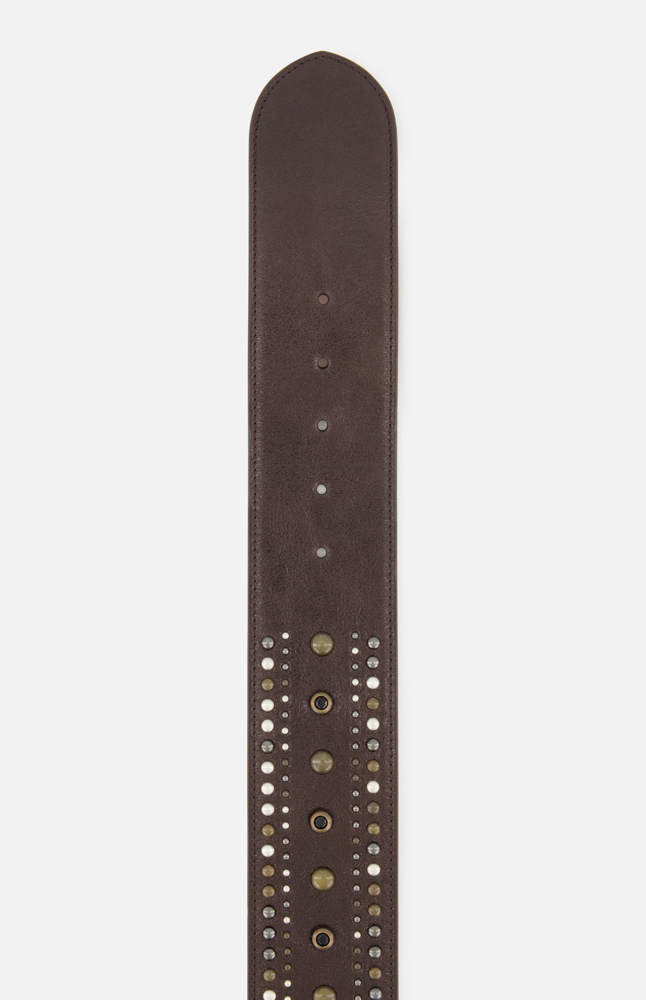A close-up of the RALPH LAUREN COLLECTION Washed Calfskin Belt, crafted from dark brown full-grain leather and adorned with metal studs and perforations, is displayed vertically against a white background.