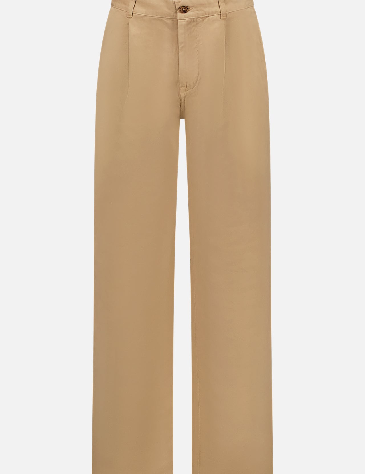 The Fallon Relaxed Fit Soft Wash Chino Pant by RALPH LAUREN COLLECTION is a high-waisted, wide-leg tan Italian cotton twill pant with front pleats, side pockets, and a button-zipper closure, shown on a white background.