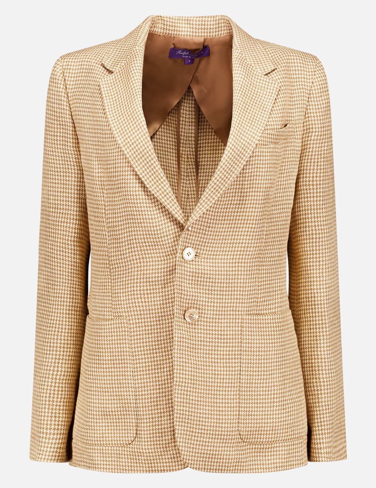 The Hailey Jacket by RALPH LAUREN COLLECTION is a men's slim fit, beige and white houndstooth blazer with notched lapels, two buttons, three front pockets, a brown lining, and a purple collar tag with white text.