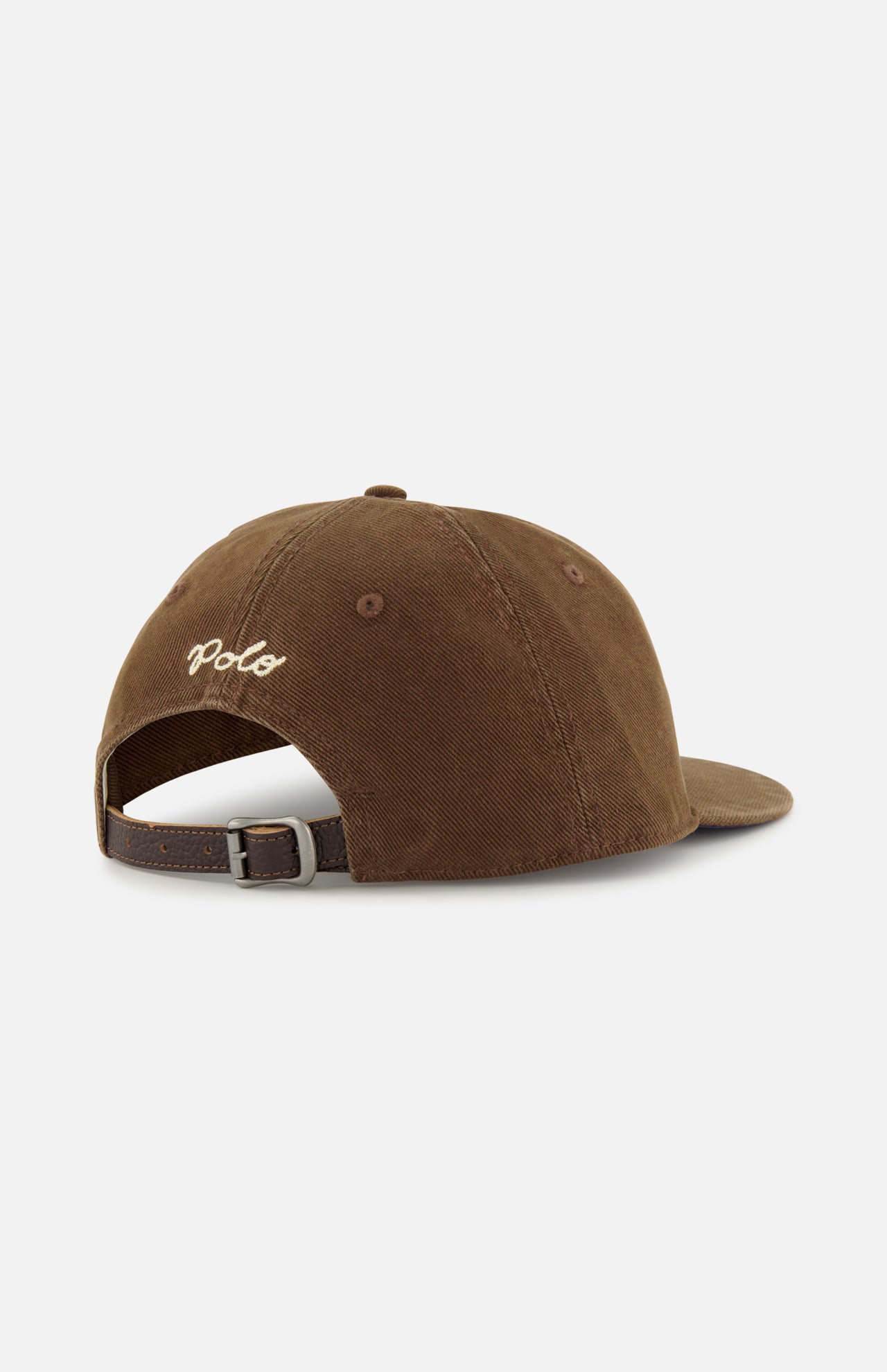 The Cotton Twill Baseball Cap by RALPH LAUREN POLO is shown from the back, displaying white logo embroidery above an adjustable brown leather strap with a metal buckle.