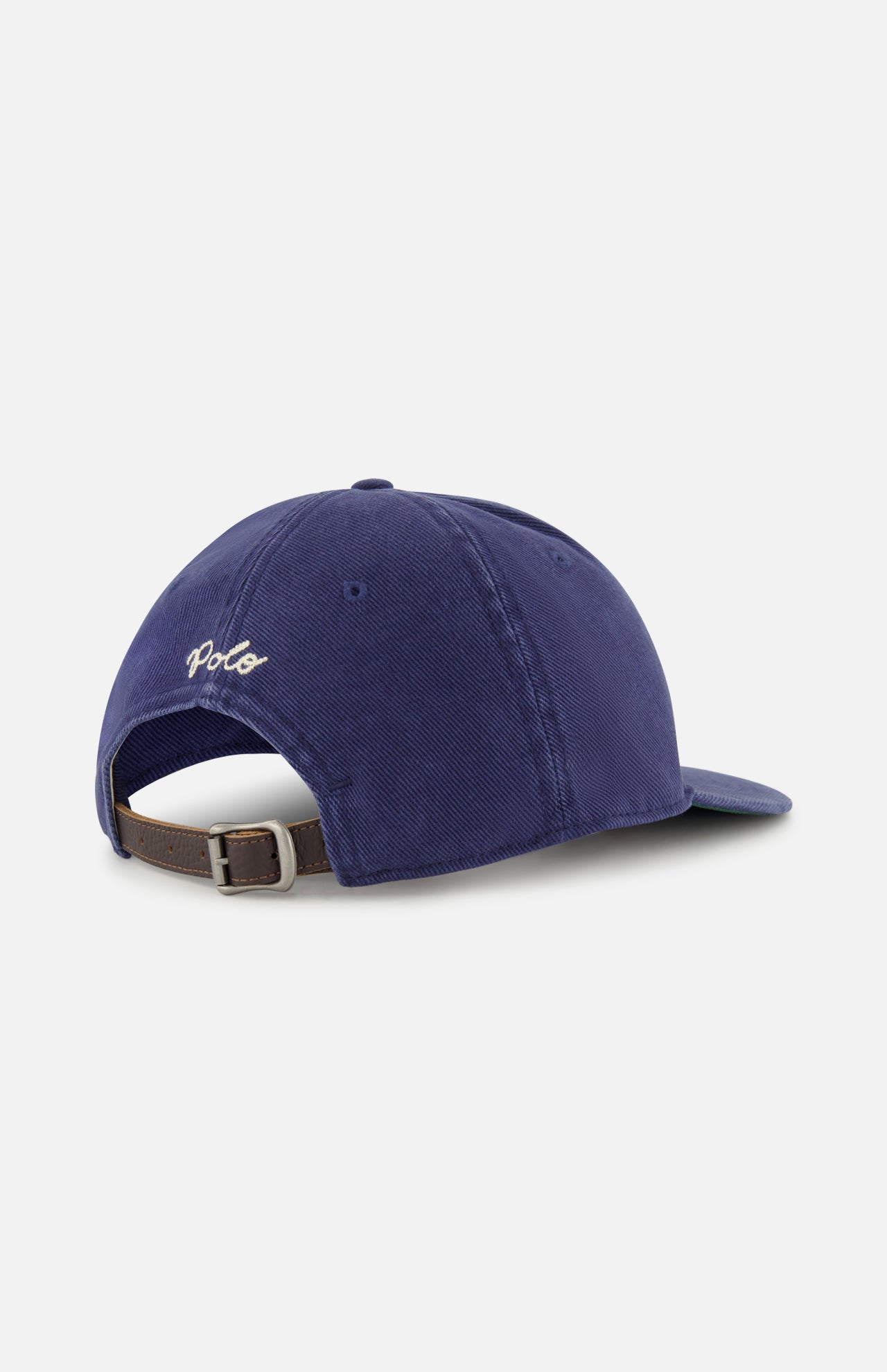 The Cotton Twill Baseball Cap by RALPH LAUREN POLO is displayed from the back in navy blue, highlighting a brown leather strap with a metal buckle and white embroidered RALPH LAUREN POLO branding above the opening.