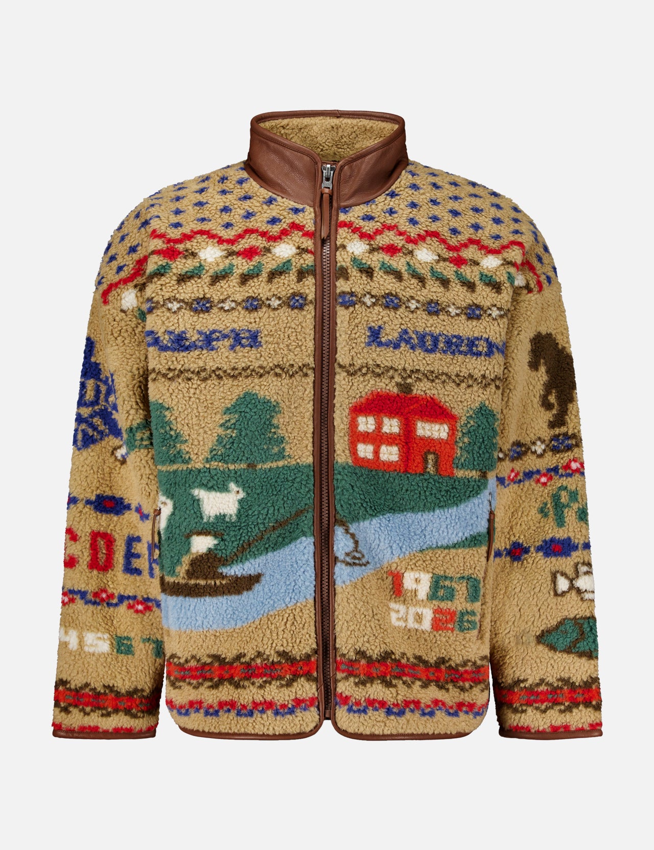 Tan Country Scenic Full Zip Fleece featuring a colorful, patterned landscape scene with houses, trees, and figures.