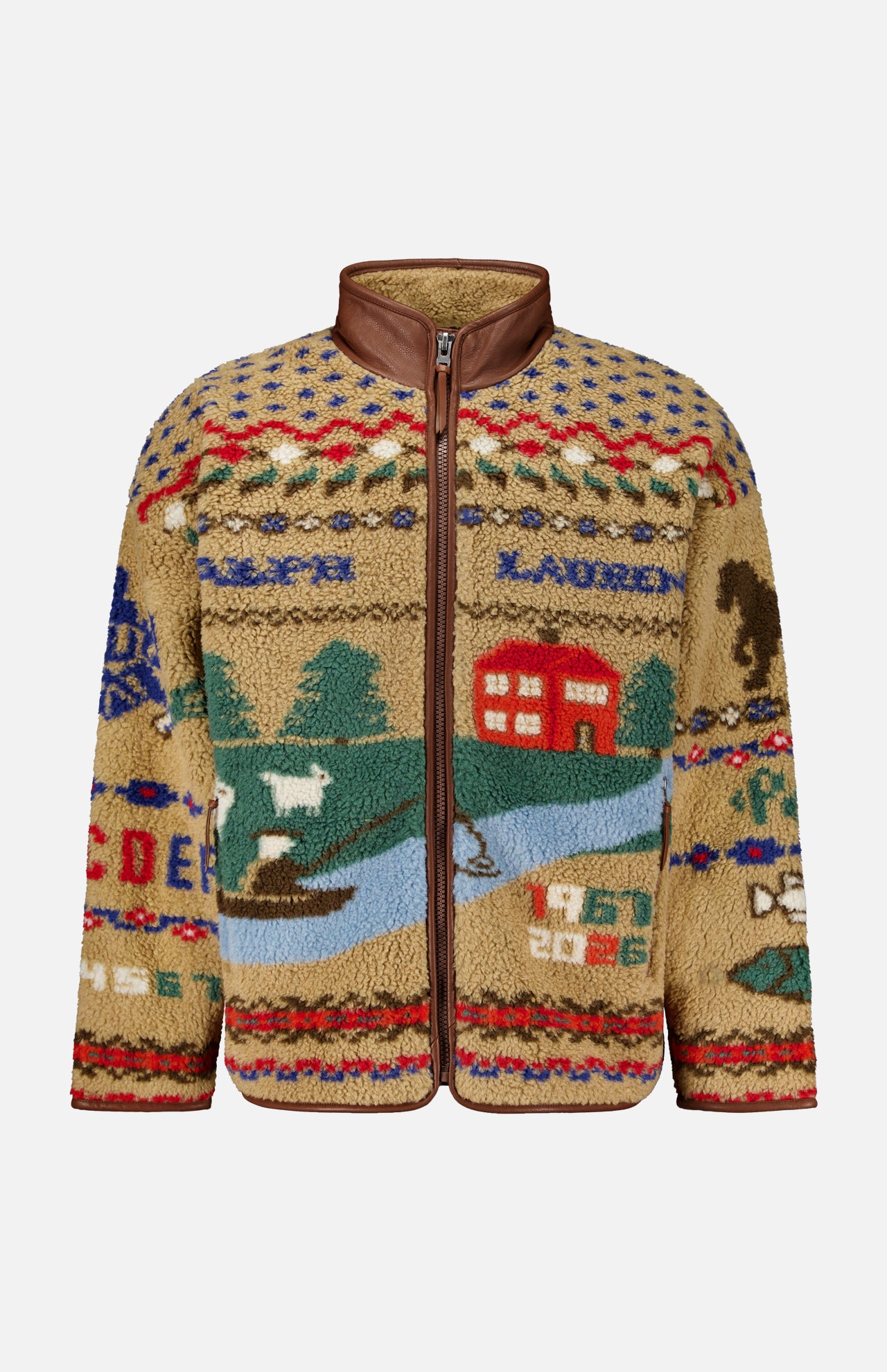 Tan Country Scenic Full Zip Fleece featuring a colorful, patterned landscape scene with houses, trees, and figures.