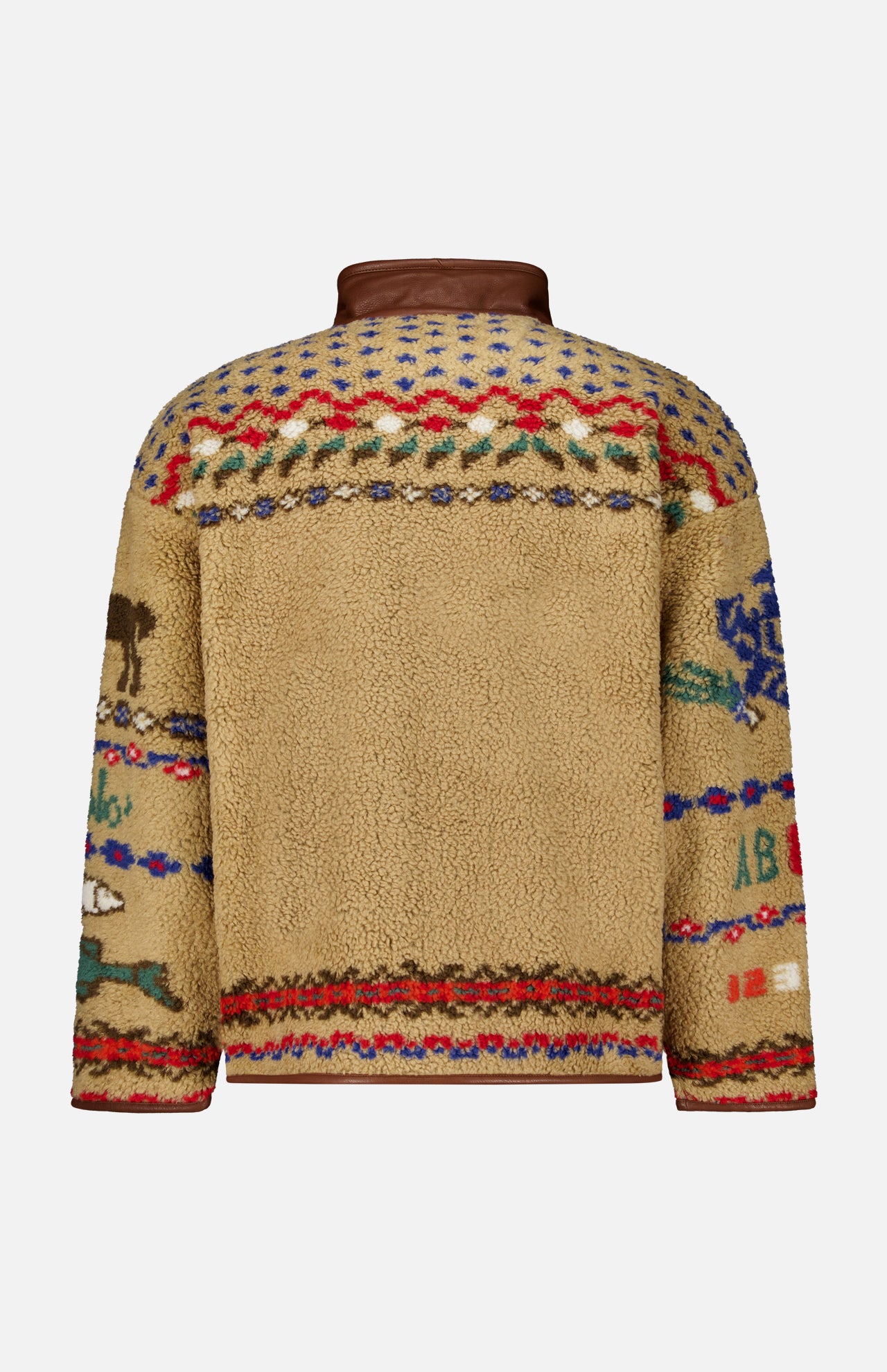 Back view of a tan Ralph Lauren Polo Country Scenic Full Zip Fleece with a brown leather collar and hem, featuring colorful Fair Isle-style patterns and scenic motifs.