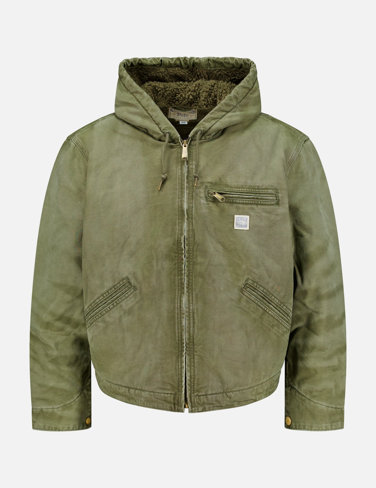 The Denim Full-Zip Sherpa Long Sleeve Jacket by RALPH LAUREN POLO features a front zipper, two angled zip pockets, a chest zip pocket with a small logo patch, and is fully lined with soft brown sherpa for extra warmth and comfort.