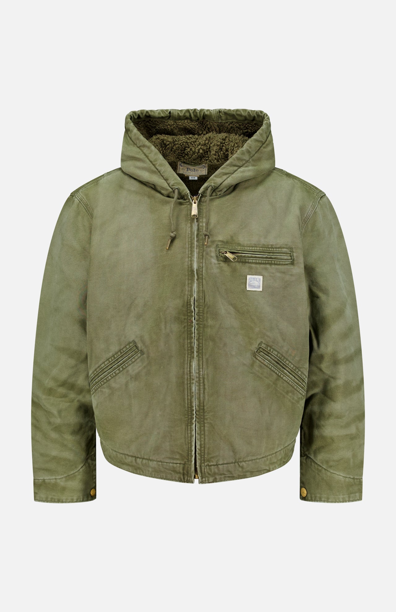 The Denim Full-Zip Sherpa Long Sleeve Jacket by RALPH LAUREN POLO features a front zipper, two angled zip pockets, a chest zip pocket with a small logo patch, and is fully lined with soft brown sherpa for extra warmth and comfort.