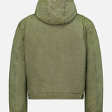 Back view of the RALPH LAUREN POLO Denim Full-Zip Sherpa Long Sleeve Jacket in a grey-green hue, showcasing long sleeves, visible stitching, button accents on the cuffs and hem, and a cozy sherpa interior, displayed against a plain white background.