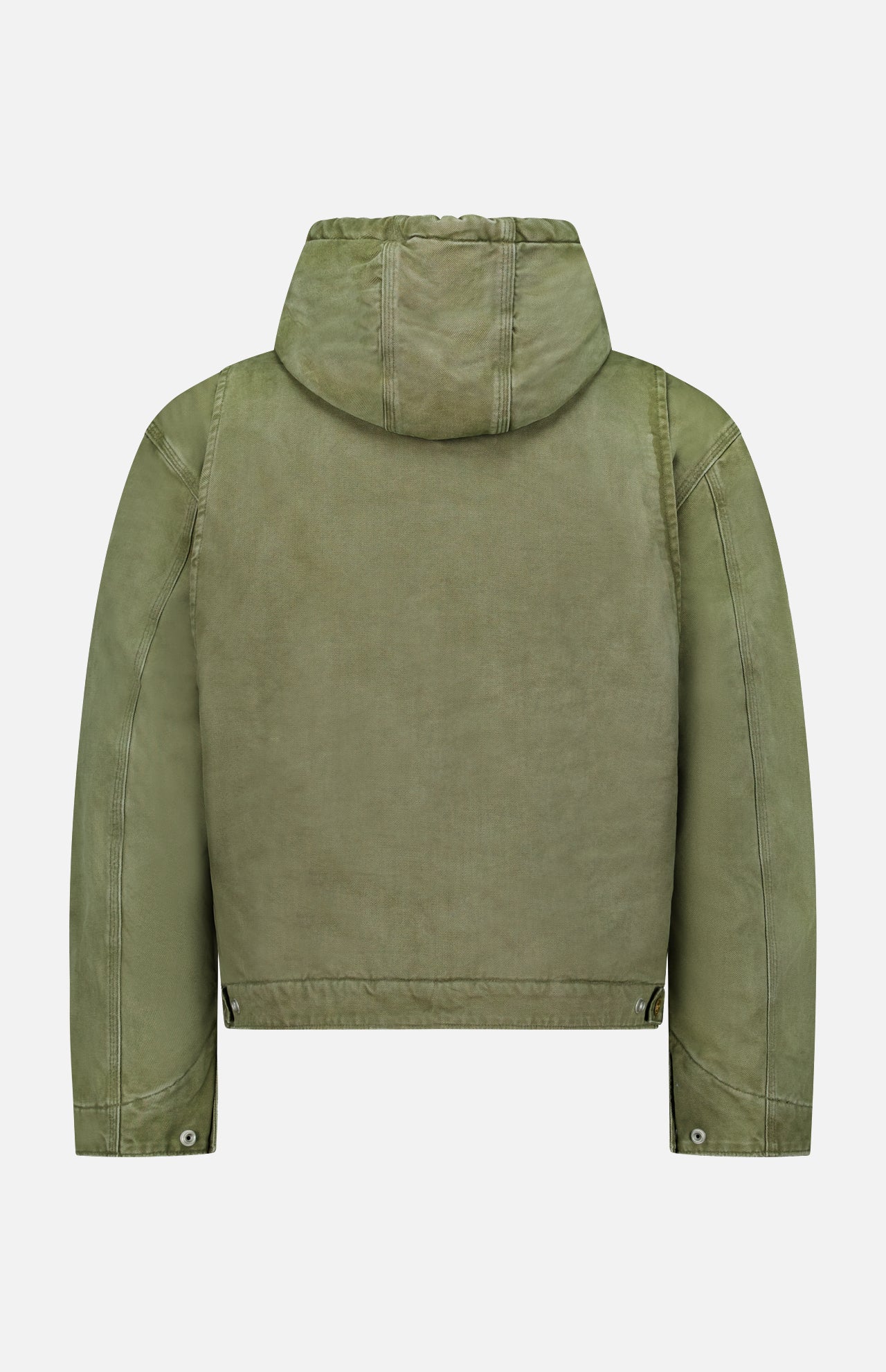 Back view of the RALPH LAUREN POLO Denim Full-Zip Sherpa Long Sleeve Jacket in a grey-green hue, showcasing long sleeves, visible stitching, button accents on the cuffs and hem, and a cozy sherpa interior, displayed against a plain white background.