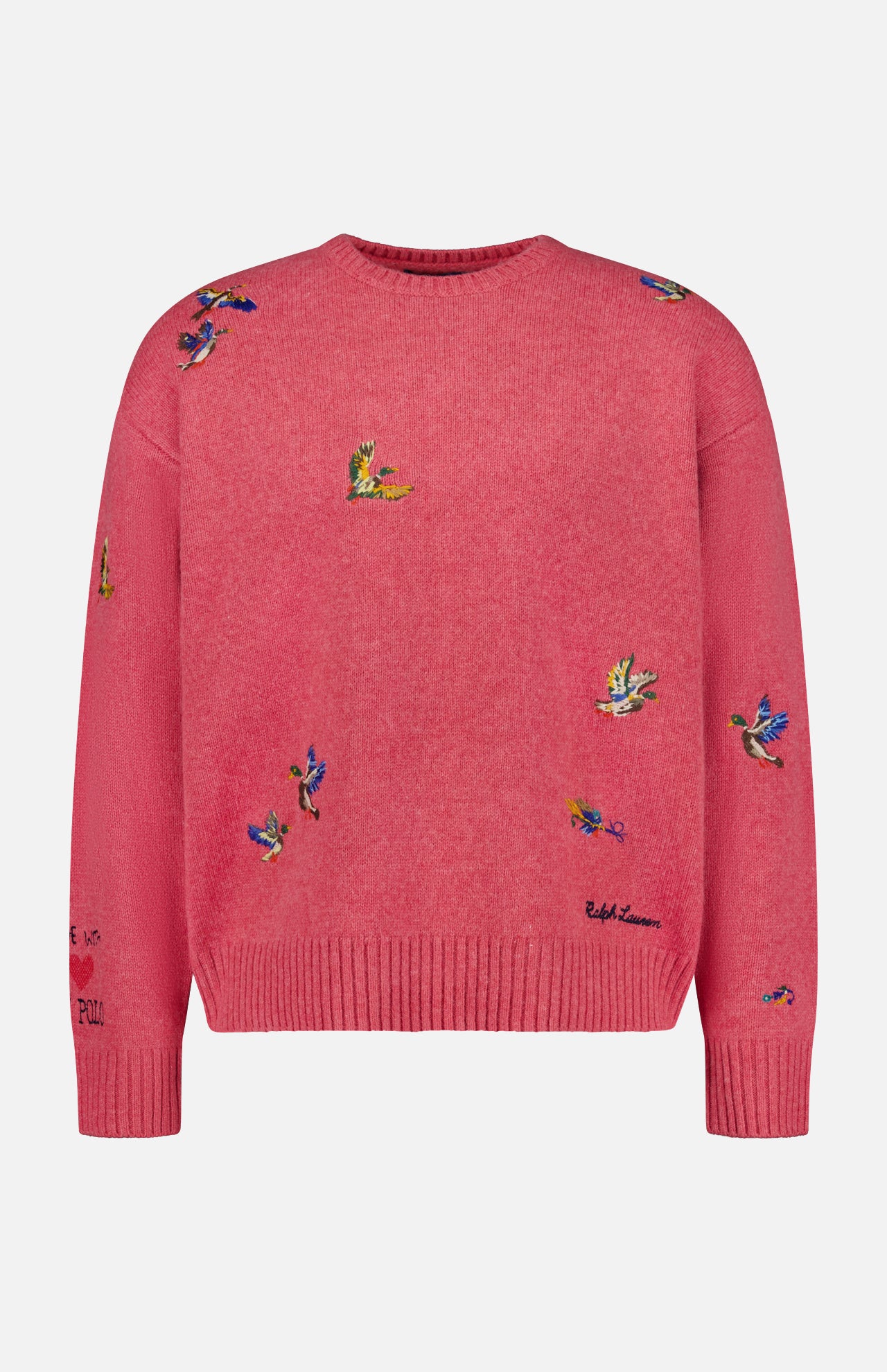 The Ducks Fly Crewneck Sweater by RALPH LAUREN POLO is a pink wool alpaca blend featuring vibrant embroidered ducks across the front, sleeves, and shoulders, complete with ribbed cuffs, hem, and a classic crew neckline for rustic charm.