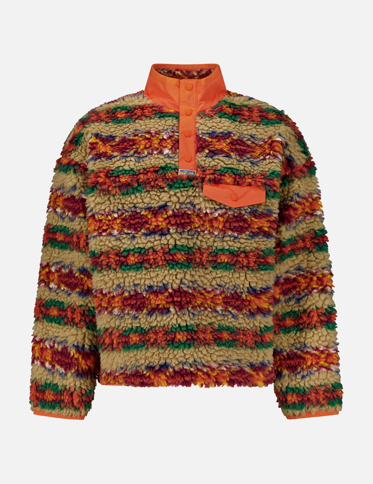 Ralph Lauren Polo Fairisle Snap Mockneck Pullover Sweater in high-pile fleece with a multicolored Fair Isle print, an orange snap-button placket, and a chest pocket.