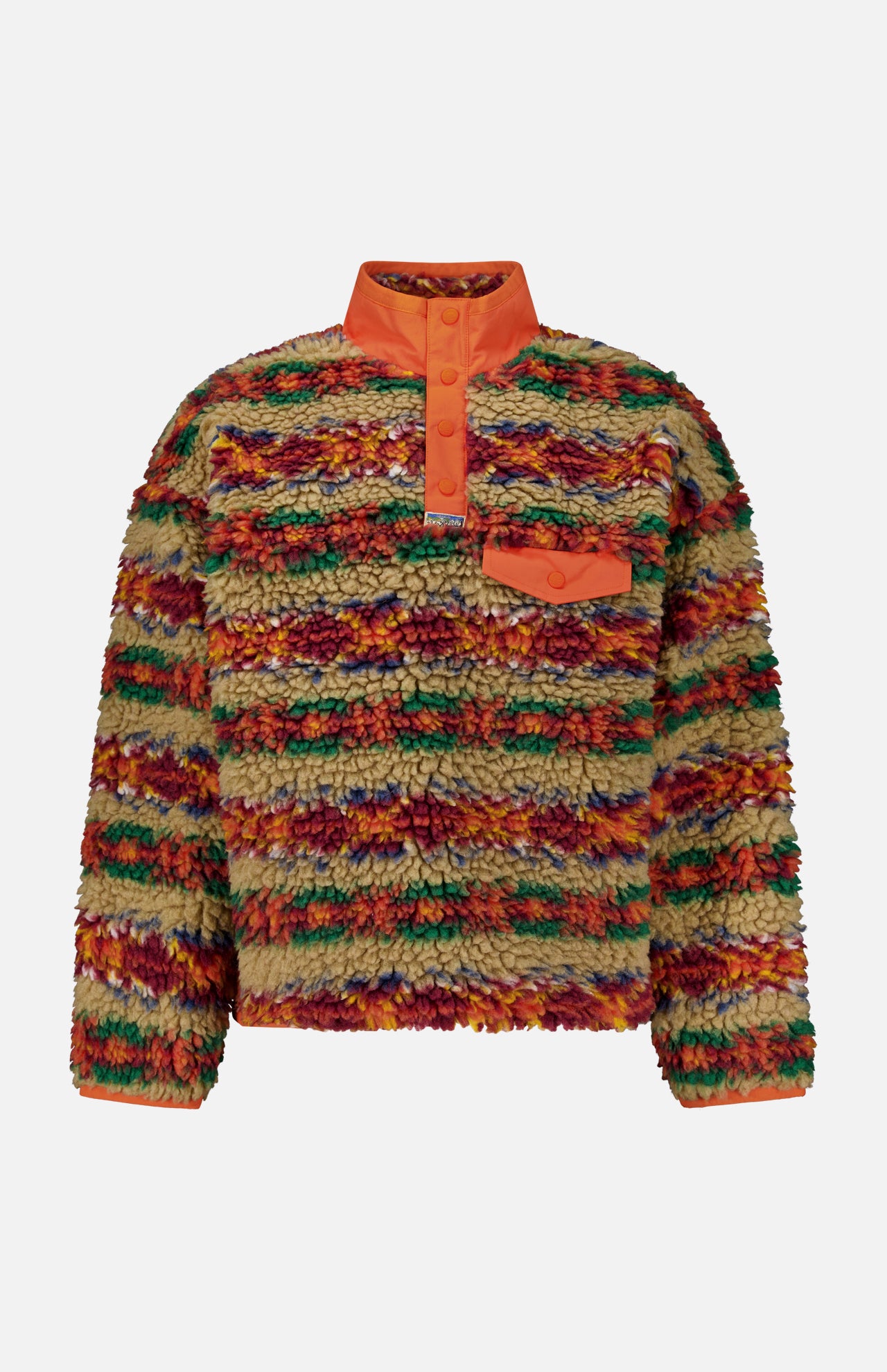 Ralph Lauren Polo Fairisle Snap Mockneck Pullover Sweater in high-pile fleece with a multicolored Fair Isle print, an orange snap-button placket, and a chest pocket.