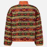 Back view of the Fairisle Snap Mockneck Pullover Sweater in high-pile fleece with a high neck, featuring an American Southwest Fair Isle print of horizontal stripes in red, green, blue, and tan.