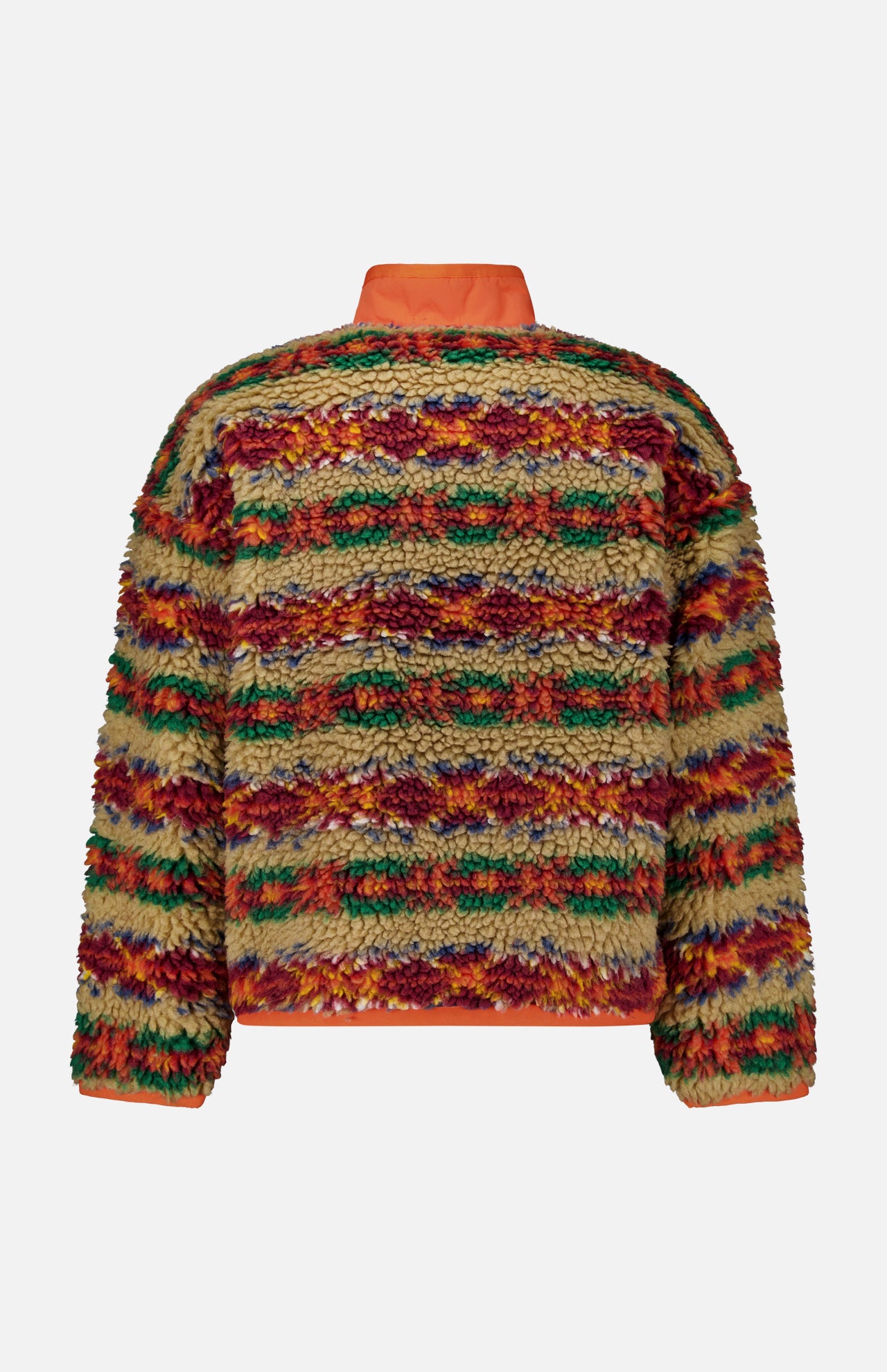 Back view of the Fairisle Snap Mockneck Pullover Sweater in high-pile fleece with a high neck, featuring an American Southwest Fair Isle print of horizontal stripes in red, green, blue, and tan.
