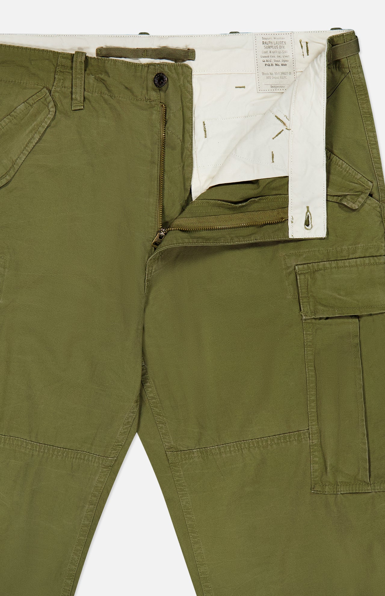 Ralph Lauren Polo Lightweight Rustic Canvas Cargo Pant in olive green cotton canvas, featuring a zippered fly and an internal white waist label with printed text.