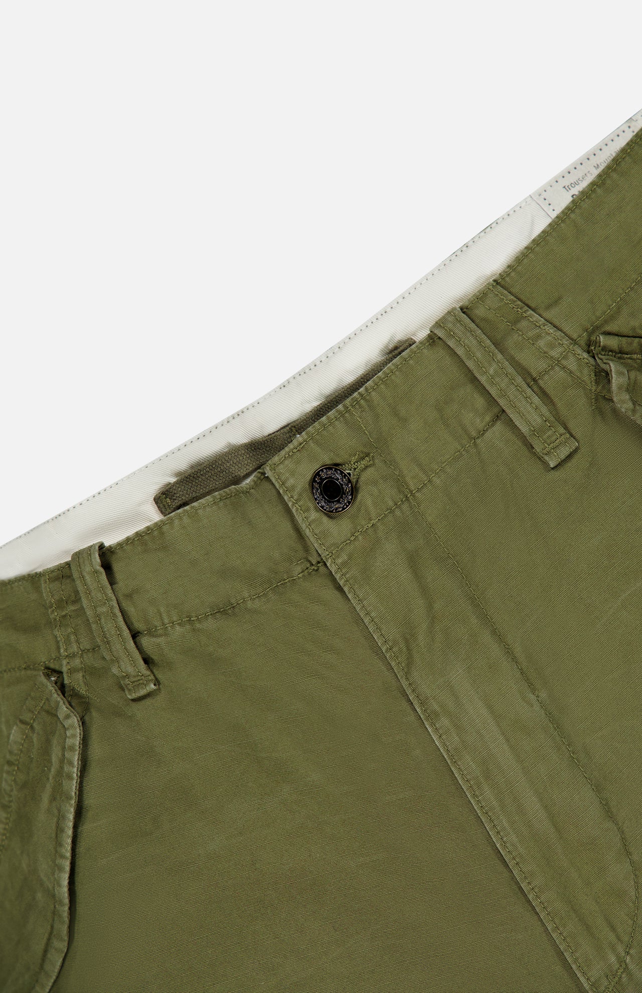 Ralph Lauren Polo Lightweight Rustic Canvas Cargo Pant in olive green, featuring a durable cotton canvas construction, button closure, belt loops, and a light-colored interior waistband.