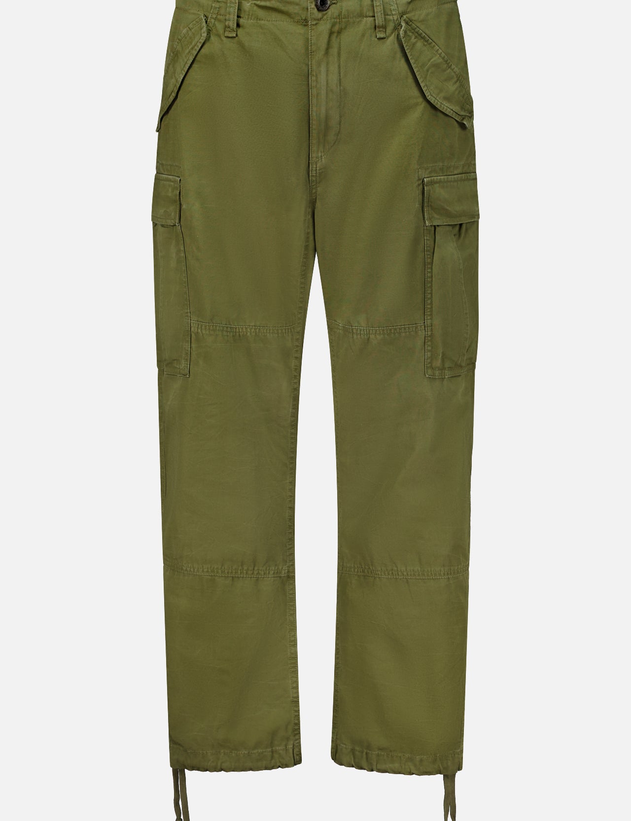 Ralph Lauren Polo Lightweight Rustic Canvas Cargo Pant in olive green, featuring a vintage look, two side pockets, button-flap back pockets, and drawstring hems.