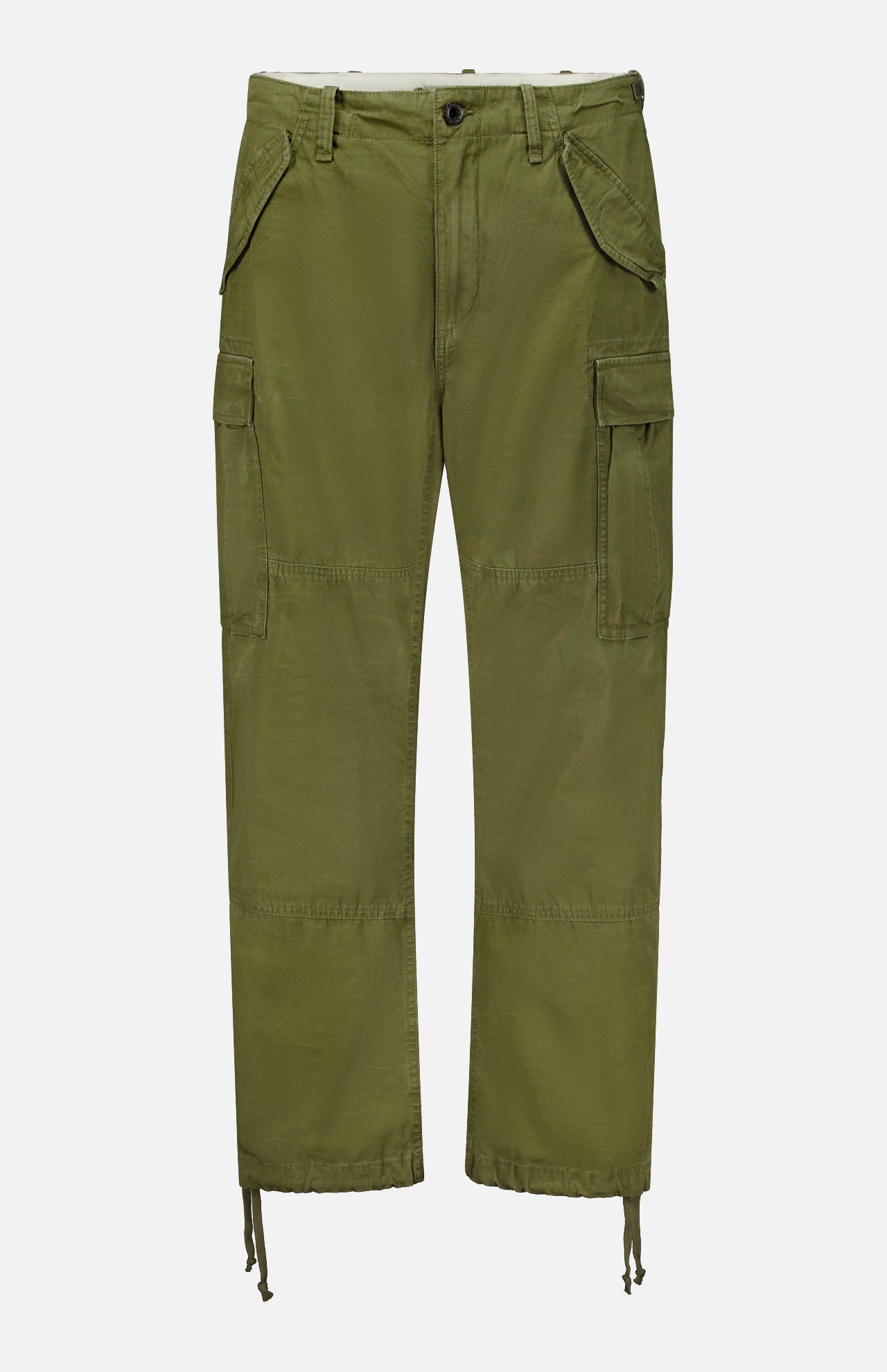 Ralph Lauren Polo Lightweight Rustic Canvas Cargo Pant in olive green, featuring a vintage look, two side pockets, button-flap back pockets, and drawstring hems.