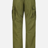 Back view of olive green Ralph Lauren Polo Lightweight Rustic Canvas Cargo Pant featuring two side cargo pockets, two buttoned back pockets, and drawstring hems.