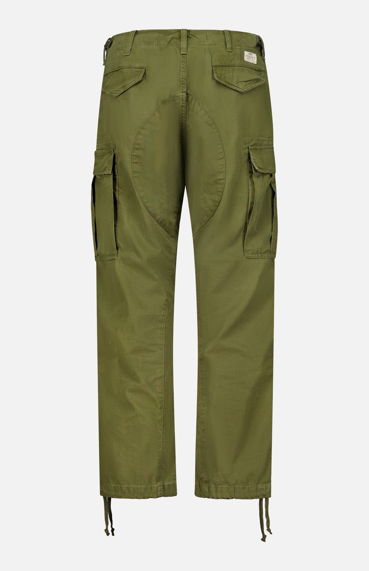 Back view of olive green Ralph Lauren Polo Lightweight Rustic Canvas Cargo Pant featuring two side cargo pockets, two buttoned back pockets, and drawstring hems.