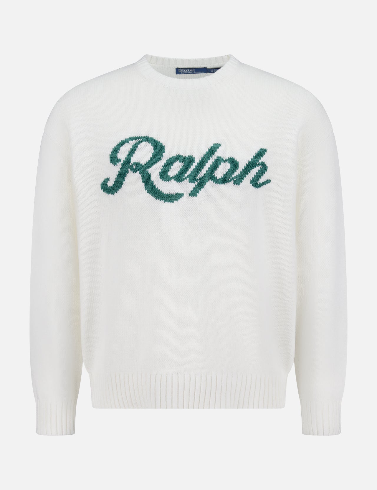 The Linen Ralph Logo Crewneck Sweater by RALPH LAUREN POLO features "Ralph" in green cursive across the chest, with a crew neckline and ribbed cuffs and hem.