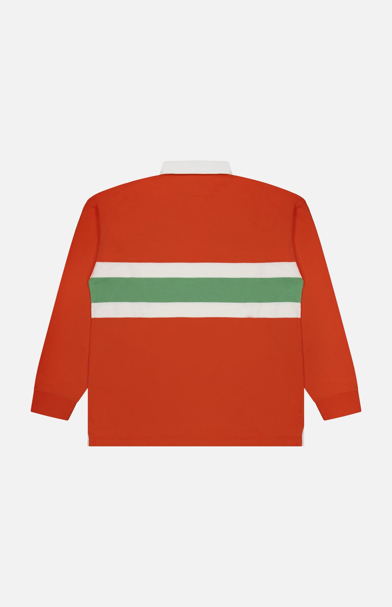 The RALPH LAUREN POLO Red Rocks Novelty Graphic Rugby Polo Shirt is a long-sleeve orange rugby shirt with a white collar and a horizontal green and white stripe across the back, displayed flat on a white background. Designed with an oversized fit for added comfort, this classic piece is finished with an embroidered Pony detail, adding a signature Ralph Lauren touch.