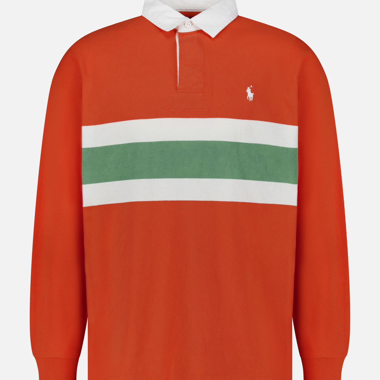 The Red Rocks Novelty Graphic Rugby Polo Shirt by RALPH LAUREN POLO is an oversized, long-sleeve shirt in vibrant orange with a classic white collar. It features bold horizontal green and white stripes across the chest and is finished with a small embroidered Pony logo on the left side, creating a relaxed, contemporary look.