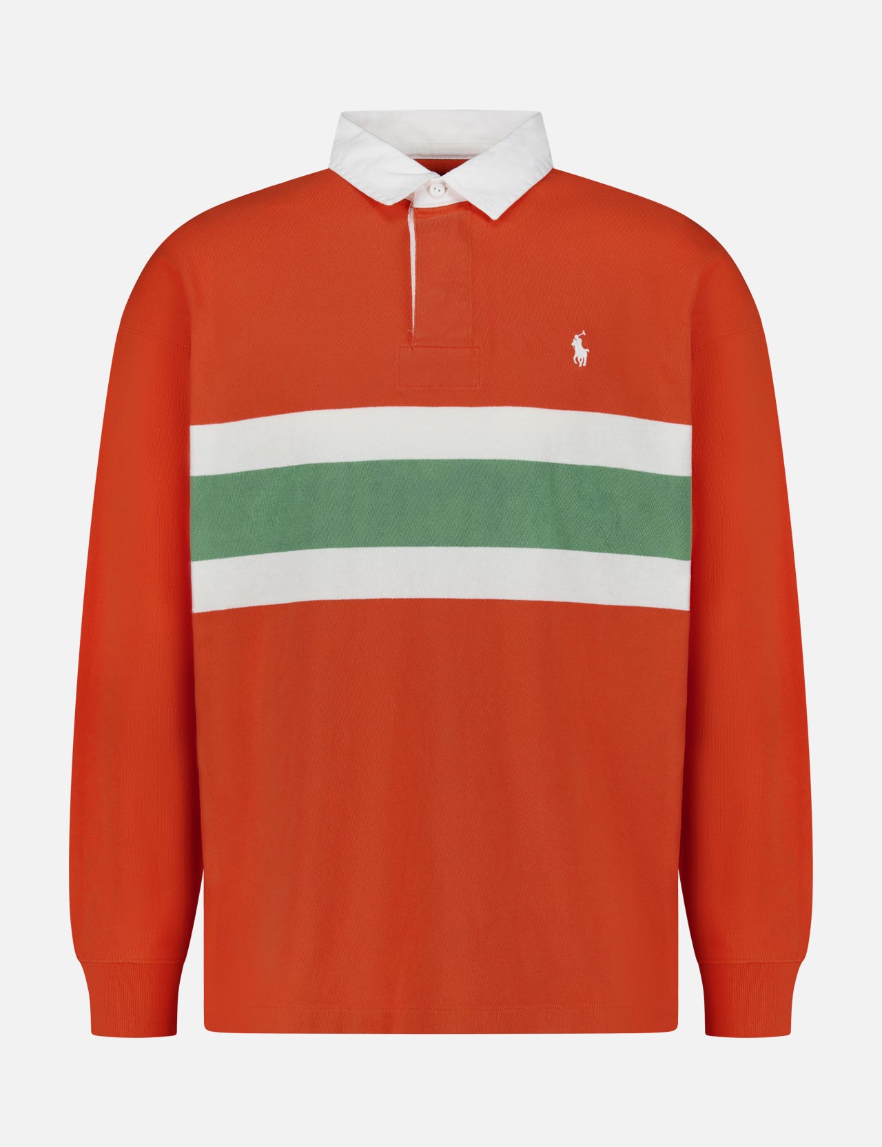 The Red Rocks Novelty Graphic Rugby Polo Shirt by RALPH LAUREN POLO is an oversized, long-sleeve shirt in vibrant orange with a classic white collar. It features bold horizontal green and white stripes across the chest and is finished with a small embroidered Pony logo on the left side, creating a relaxed, contemporary look.