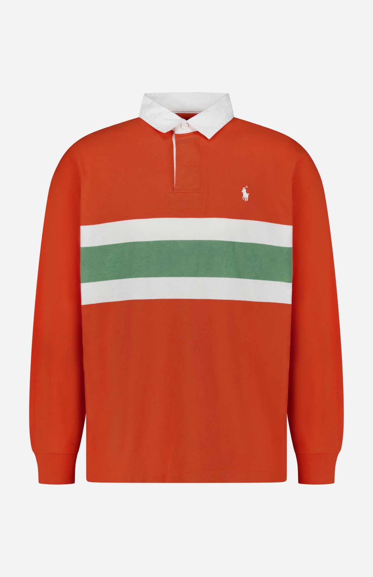 The Red Rocks Novelty Graphic Rugby Polo Shirt by RALPH LAUREN POLO is an oversized, long-sleeve shirt in vibrant orange with a classic white collar. It features bold horizontal green and white stripes across the chest and is finished with a small embroidered Pony logo on the left side, creating a relaxed, contemporary look.