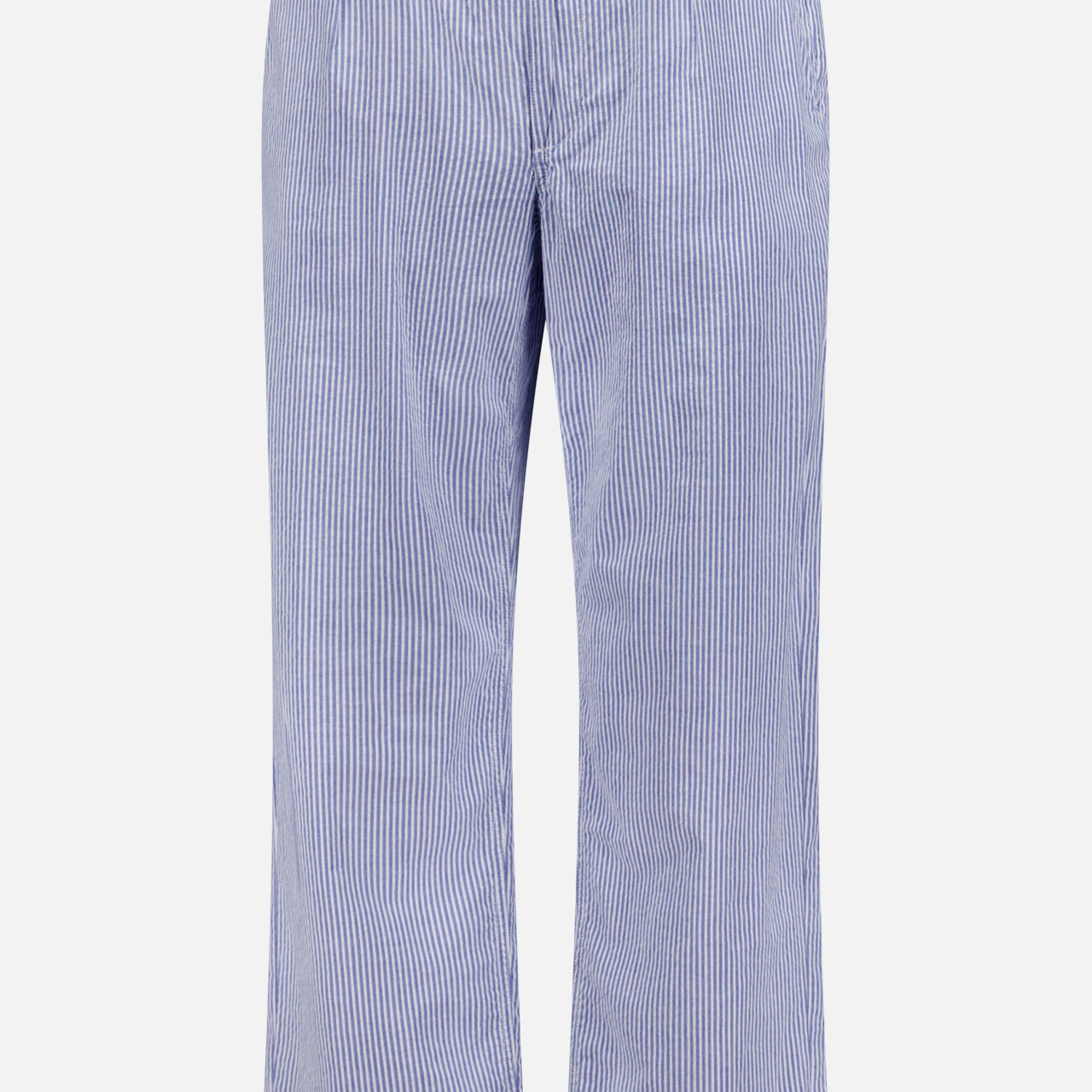 The RALPH LAUREN POLO Seersucker Prepster Drawstring Pant features blue and white vertical stripes, a relaxed fit, straight legs, and a drawstring waist—ideal for spring and summer. Shown on a plain white background.