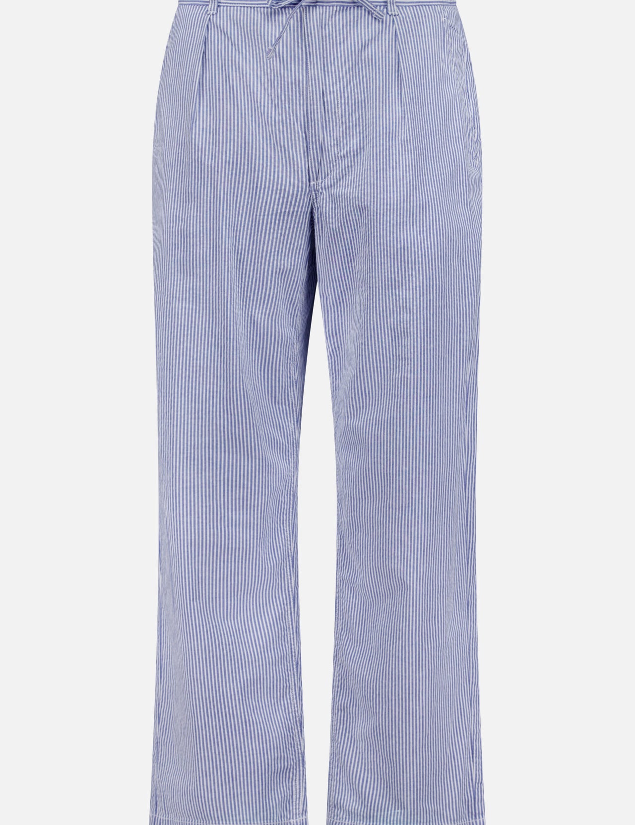 The RALPH LAUREN POLO Seersucker Prepster Drawstring Pant features blue and white vertical stripes, a relaxed fit, straight legs, and a drawstring waist—ideal for spring and summer. Shown on a plain white background.