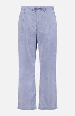 The RALPH LAUREN POLO Seersucker Prepster Drawstring Pant features blue and white vertical stripes, a relaxed fit, straight legs, and a drawstring waist—ideal for spring and summer. Shown on a plain white background.