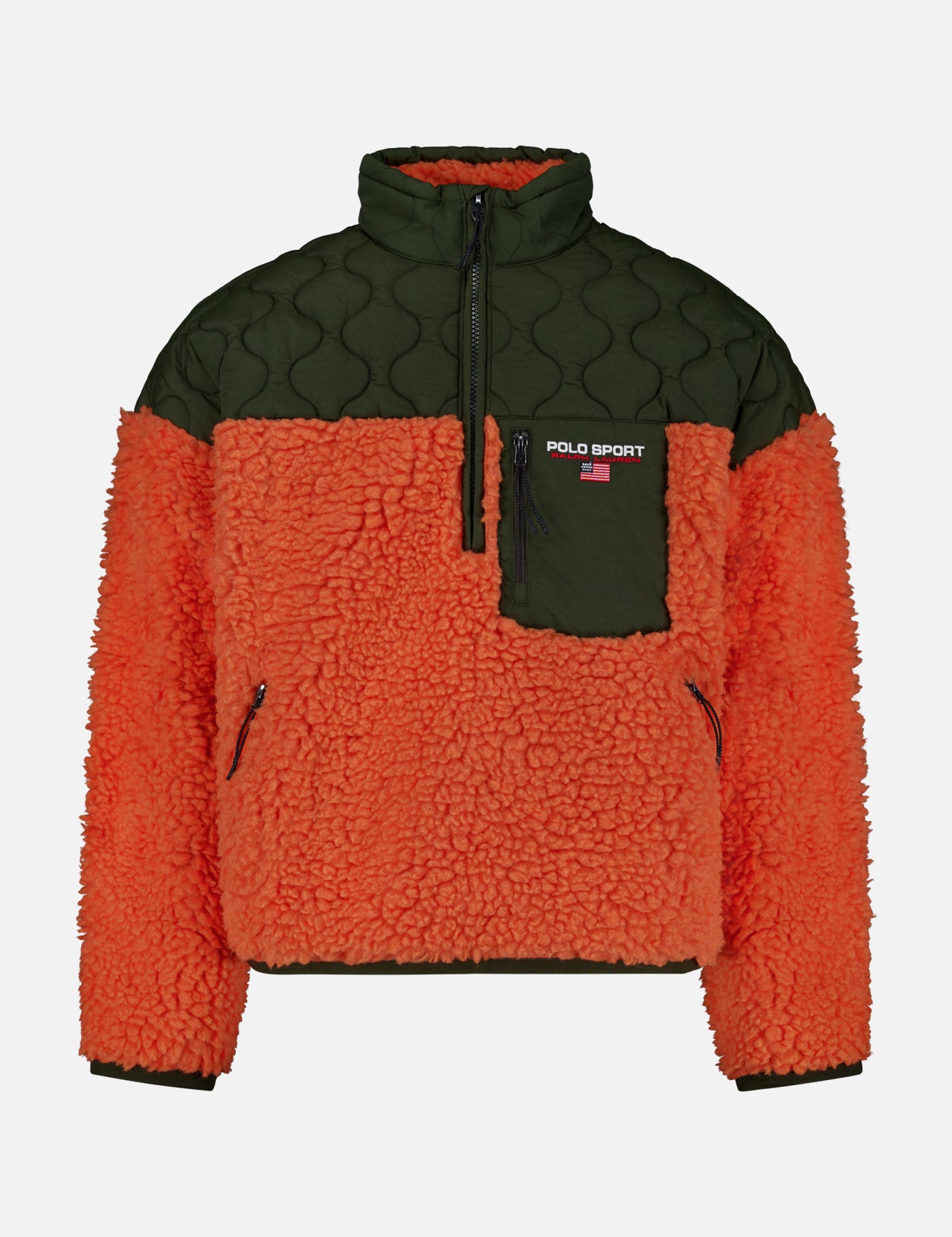 The Shaggy 1/2 Zip Polo Sport Mockneck Sweater by RALPH LAUREN POLO is a unisex fleece pullover featuring a textured orange sherpa body with olive green quilted fabric on the shoulders, collar, and chest pocket. This color-blocked half-zip design is completed with a zippered chest pocket highlighted by the distinctive Polo Sport logo.