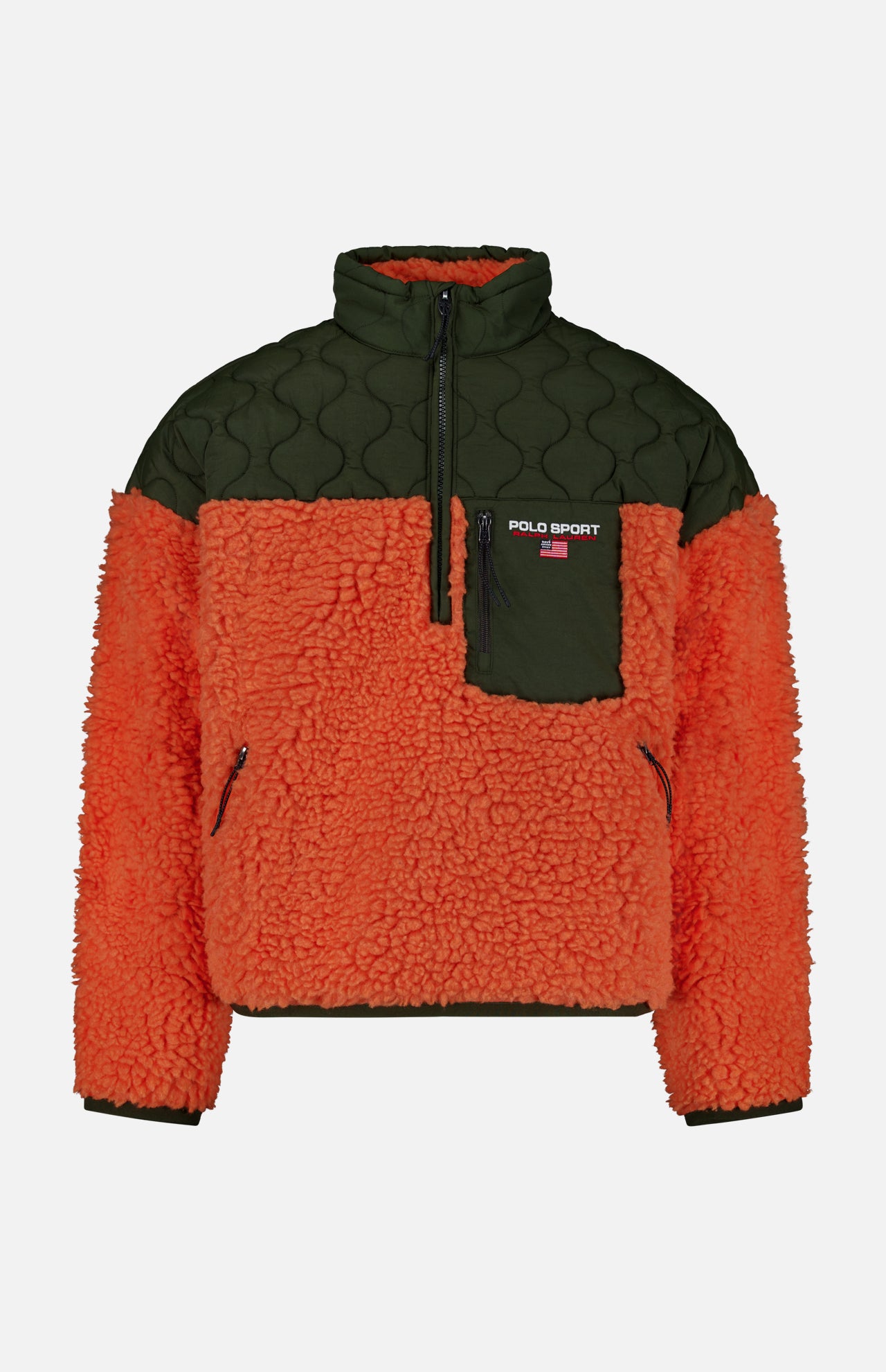 The Shaggy 1/2 Zip Polo Sport Mockneck Sweater by RALPH LAUREN POLO is a unisex fleece pullover featuring a textured orange sherpa body with olive green quilted fabric on the shoulders, collar, and chest pocket. This color-blocked half-zip design is completed with a zippered chest pocket highlighted by the distinctive Polo Sport logo.