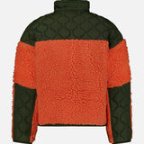 The Shaggy 1/2 Zip Polo Sport Mockneck Sweater by RALPH LAUREN POLO is a unisex fleece pullover featuring a green quilted upper section and sleeves, contrasted by vibrant orange sherpa fleece on the back and midsection. Designed with a high collar, boxy silhouette, and finished with a subtle Polo Sport logo, this sporty half-zip jacket effortlessly combines style and comfort.