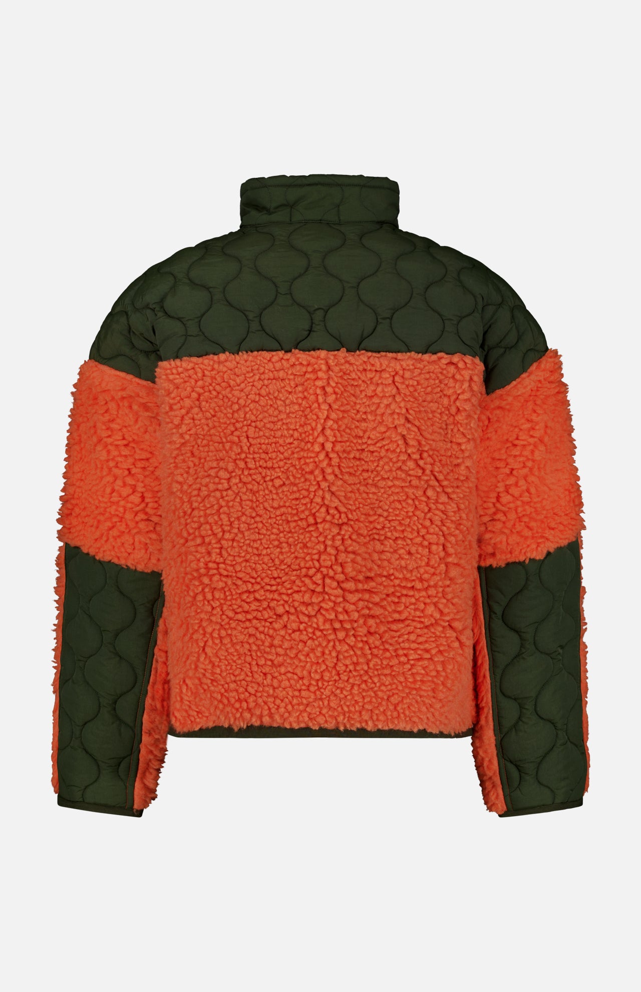 The Shaggy 1/2 Zip Polo Sport Mockneck Sweater by RALPH LAUREN POLO is a unisex fleece pullover featuring a green quilted upper section and sleeves, contrasted by vibrant orange sherpa fleece on the back and midsection. Designed with a high collar, boxy silhouette, and finished with a subtle Polo Sport logo, this sporty half-zip jacket effortlessly combines style and comfort.