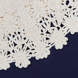 Cream-colored floral lace appliqué with white embroidery on a dark blue Arctic Fleece Crewneck Sweatshirt by Ralph Lauren Polo.