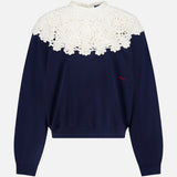 Navy Ralph Lauren Polo Arctic Fleece Crewneck Sweatshirt with a white floral crochet yoke and a small red logo on the chest.