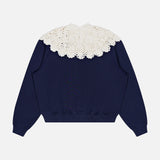 Navy Arctic Fleece Crewneck Sweatshirt by Ralph Lauren Polo featuring a long-sleeved silhouette and a large, cream-colored crocheted floral collar.