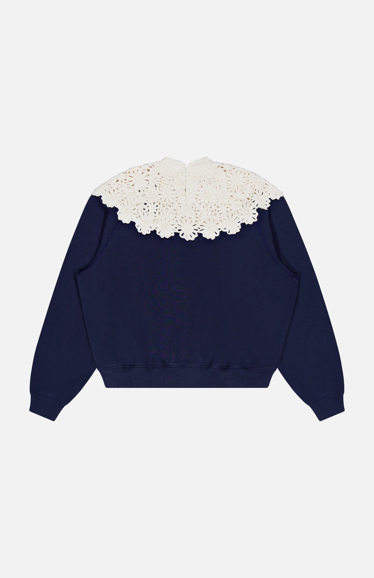 Navy Arctic Fleece Crewneck Sweatshirt by Ralph Lauren Polo featuring a long-sleeved silhouette and a large, cream-colored crocheted floral collar.