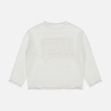 The RALPH LAUREN POLO Cotton Blend Long Sleeve Pullover Sweater has a boxy fit and pointelle-knit mesh texture, with a rectangular patch on the back. Shown laid flat, it’s lightweight and see-through white.