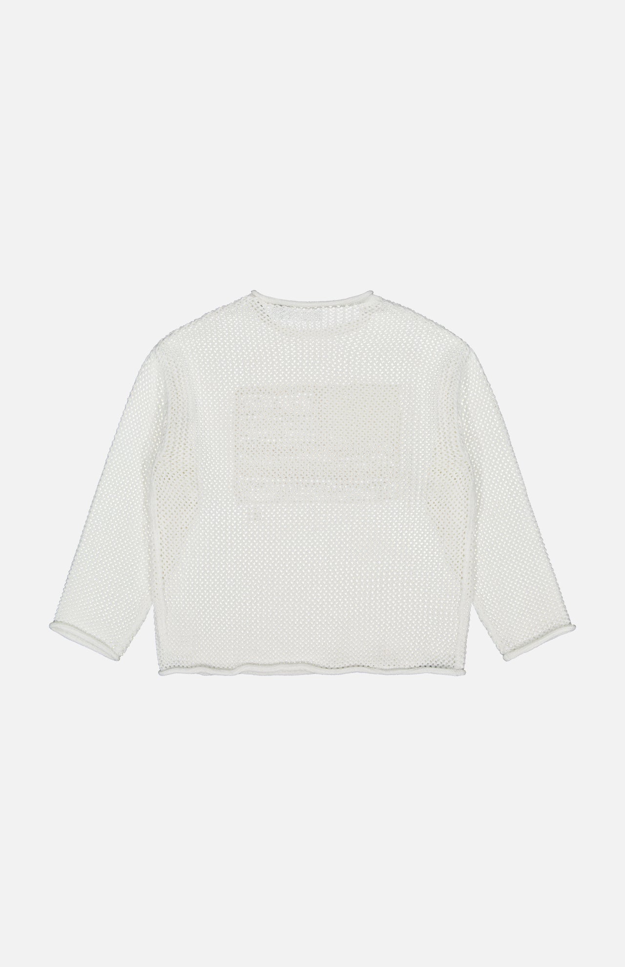 The RALPH LAUREN POLO Cotton Blend Long Sleeve Pullover Sweater has a boxy fit and pointelle-knit mesh texture, with a rectangular patch on the back. Shown laid flat, it’s lightweight and see-through white.