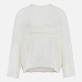 The RALPH LAUREN POLO Cotton Blend Long Sleeve Pullover Sweater features a white pointelle-knit design with a round neckline and textured front, shown on a plain white background.
