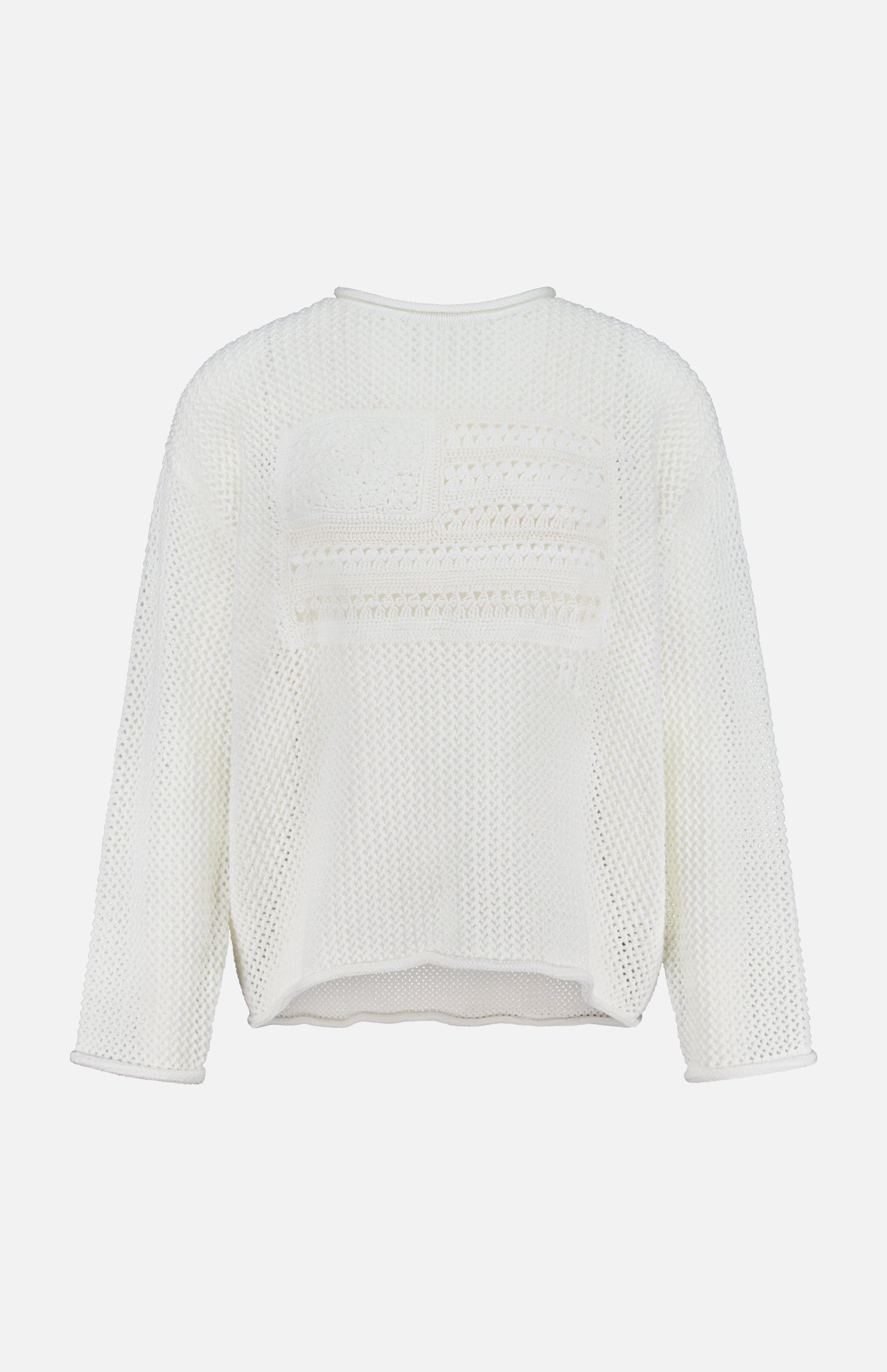 The RALPH LAUREN POLO Cotton Blend Long Sleeve Pullover Sweater features a white pointelle-knit design with a round neckline and textured front, shown on a plain white background.