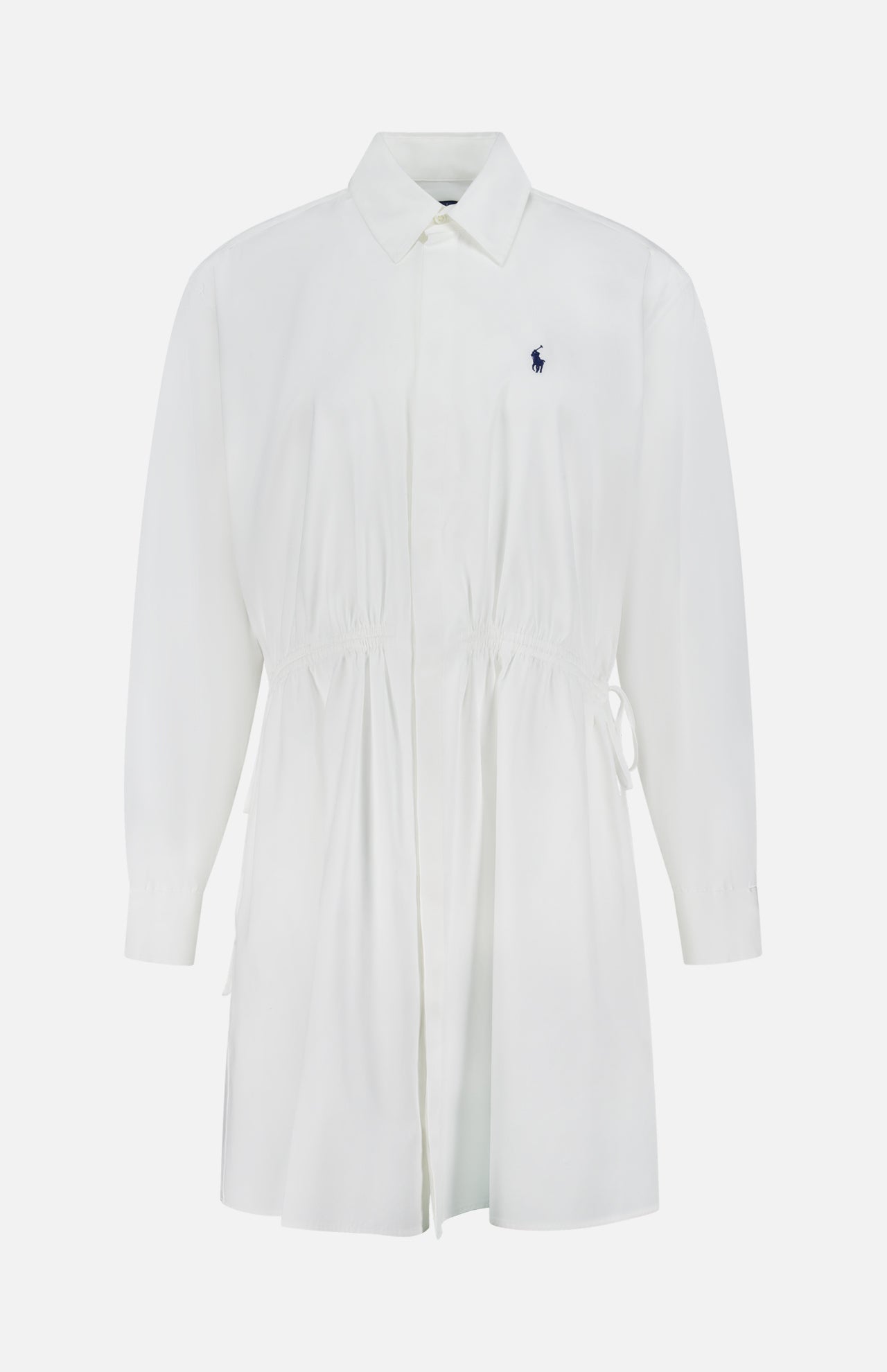 The RALPH LAUREN POLO Cotton Collared Long Sleeve Dress features a white cotton fabric, button-down front, drawstring waist, A-line silhouette, and a small dark blue embroidered logo on the upper left chest.