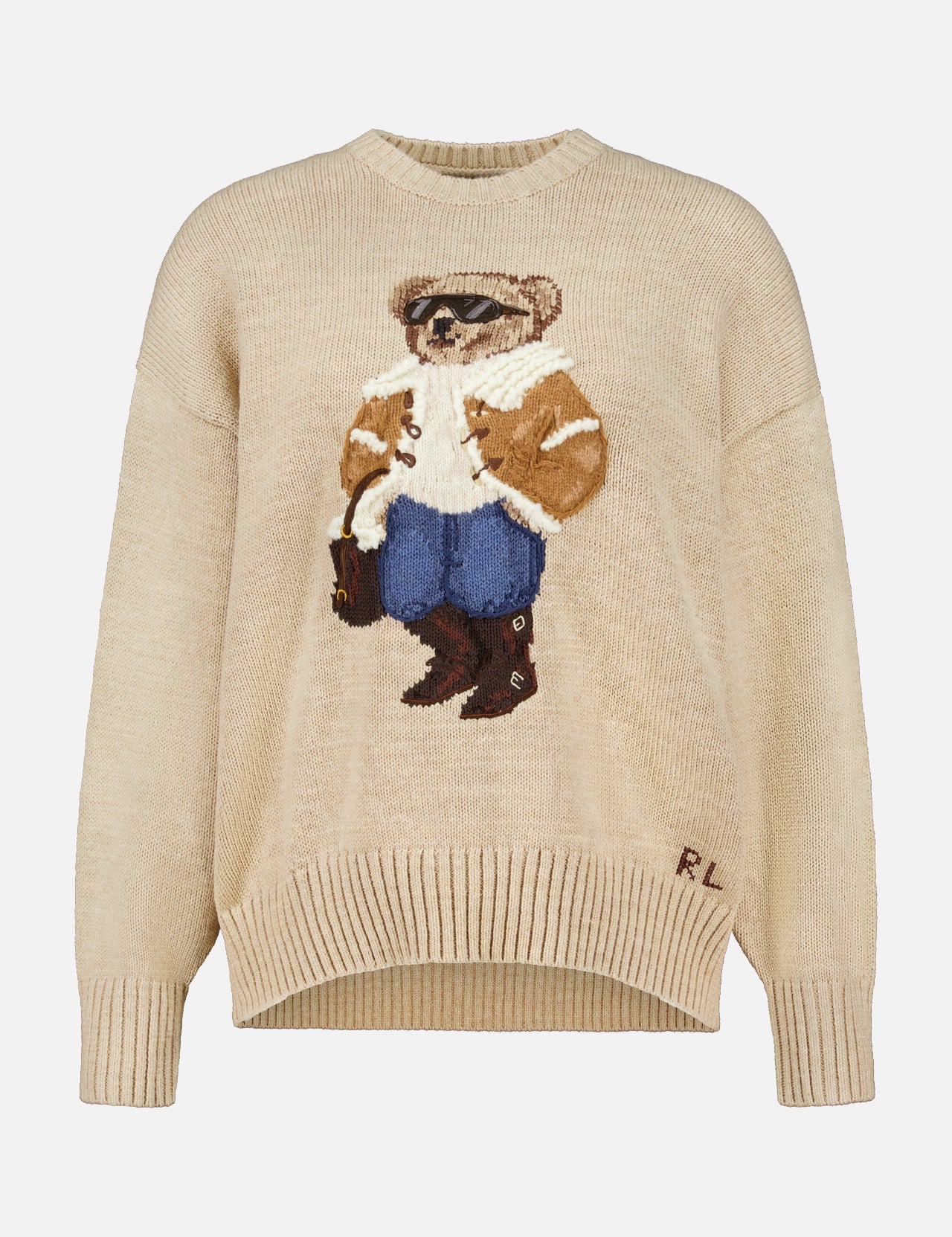 Beige Cotton Crewneck Polo Bear Sweater featuring an intarsia-knit bear wearing sunglasses, a shearling-lined jacket, and boots.